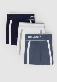 Tři páry boxerky s elastickým pasem v námořnické modré, bílé a tmavě šedé barvě. Každé obsahují kontrastní vertikální pruhy a branding "SPRINGFIELD".
