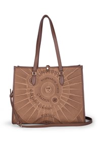 Bruine leren tote bag met twee handvaten, bedrukte zonnewijzerontwerp en verstelbare schouderriem op een witte achtergrond.