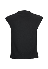 Haut noir sans manches avec un col montant et une texture subtile pailletée, vu de dos.