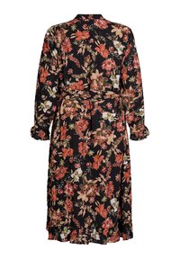 Langemouwige, bloemenjurk met een zwarte achtergrond en levendige oranje, roze en groene bloemen, getailleerd in de taille met een strik.
