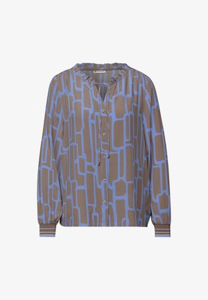 Blusa a maniche lunghe in tessuto marrone con motivo geometrico blu, caratterizzata da scollo arricciato, chiusura con bottoni sul davanti e polsini elastici.