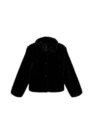 Chaqueta de piel sintética negra con cuello, cierre de botones y diseño corto. Textura suave con mangas largas y sin patrones visibles ni herrajes.