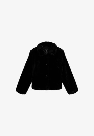 Schwarze Kunstfelljacke mit Kragen, Knopfverschluss und kurzem Design. Weiche Textur mit langen Ärmeln und ohne sichtbare Muster oder Beschläge.