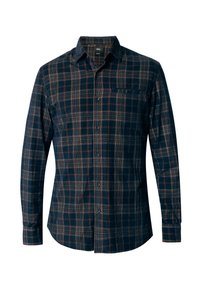 Camicia a maniche lunghe da uomo in navy con motivo a quadri marroni e beige, dotata di chiusura a bottoni frontale e tasca sul petto.