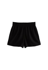 Schwarze Baumwollshorts mit einem elastischen Bund, im entspannten Schnitt und mit einer glatten Textur. Einfaches Design ohne zusätzliche Muster.