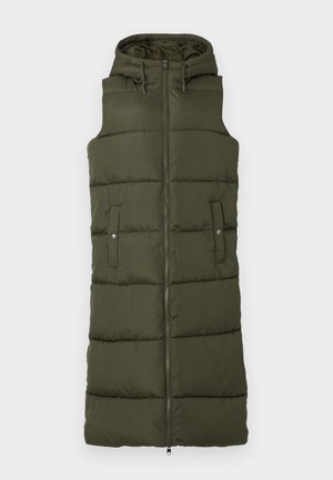 Oliwkowa kamizelka pikowana z kapturem, pełnym zamkiem z przodu i dwiema bocznymi kieszeniami. Posiada poziome przeszycia i gładką teksturę.