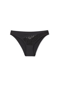 Culotte bikini nera, con un pannello in pizzo delicato su un lato, tessuto liscio, taglio a vita bassa e design senza cuciture.