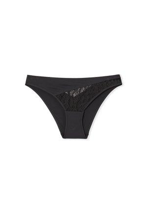Zwarte bikini slipjes, met aan de zijkant een paneel van delicate kant, gladde stof, lage taille en een naadloos ontwerp.