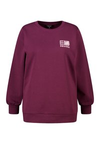 Bordeauxrode trui met een ronde hals, lange mouwen, geribbelde boorden en een roze grafisch ontwerp aan de voorkant met bloem- en golfpatronen.