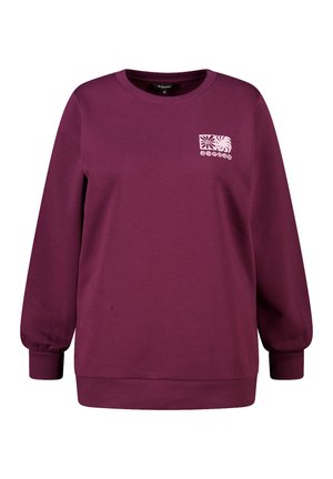 Sweat-shirt bordeaux à encolure ronde, manches longues, poignets côtelés, avec un motif graphique rose sur le devant représentant des motifs floraux et ondulés.
