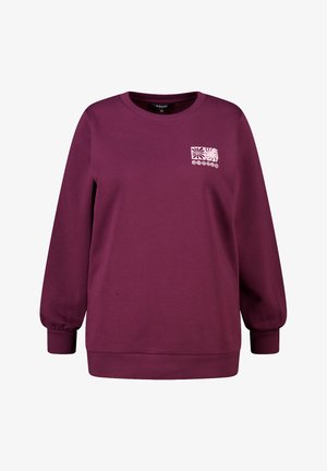 Sweat-shirt bordeaux à encolure ronde, manches longues, poignets côtelés, avec un motif graphique rose sur le devant représentant des motifs floraux et ondulés.
