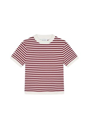 Rot-weißer gestreifter kurzärmeliger T-Shirt mit gerippter Textur, mit Rundhalsausschnitt und einem Logo auf dem Ärmel.