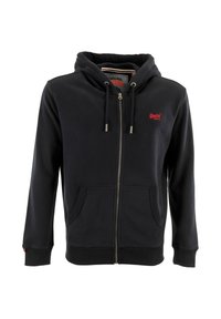 Zwarte hoodie met ritssluiting, gemaakt van een katoenen blend. Beschikt over een voorzak, een trekkoord in de capuchon en een klein rood logo op de borst.