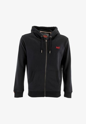 Zwarte hoodie met ritssluiting, gemaakt van een katoenen blend. Beschikt over een voorzak, een trekkoord in de capuchon en een klein rood logo op de borst.