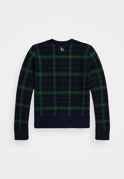 Mørkeblå genser med rund hals med et grønt og gult rutemønster, ribbede mansjetter og hem, med en liten brodert detalj på baksiden.