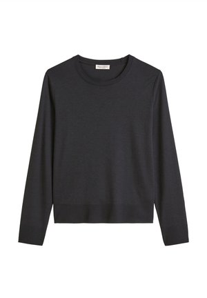 Dark gray long-sleeve sweater made of a soft fabric. Features a round neckline and ribbed cuffs and hem for a fitted silhouette.