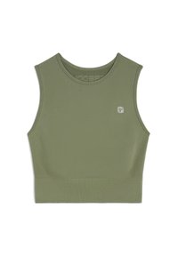 Top corto sin mangas en tejido verde oliva. Presenta un dobladillo acanalado y un pequeño parche de logo. Diseñado con una silueta suave y ajustada.