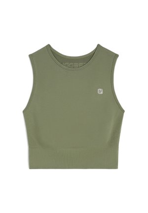 Top corto sin mangas en tejido verde oliva. Presenta un dobladillo acanalado y un pequeño parche de logo. Diseñado con una silueta suave y ajustada.