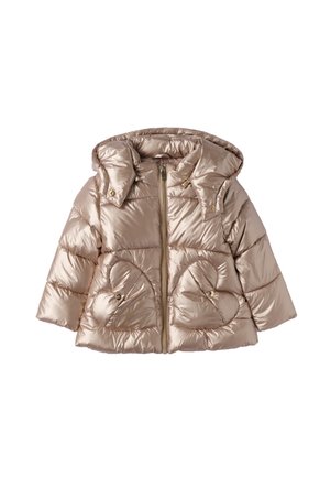 Metallisch glänzende Pufferjacke in hellem Gold mit Kapuze, Reißverschluss, herzförmigen Taschen mit Knöpfen und einem gesteppten Muster.