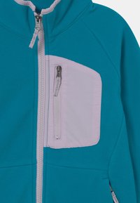 Kurtka z polaru w kolorze stalowoniebieskim z jasnofioletowymi akcentami. Posiada przednią kieszeń na zamek oraz kontrastowy panel materiałowy. Gładka faktura, lekka konstrukcja.