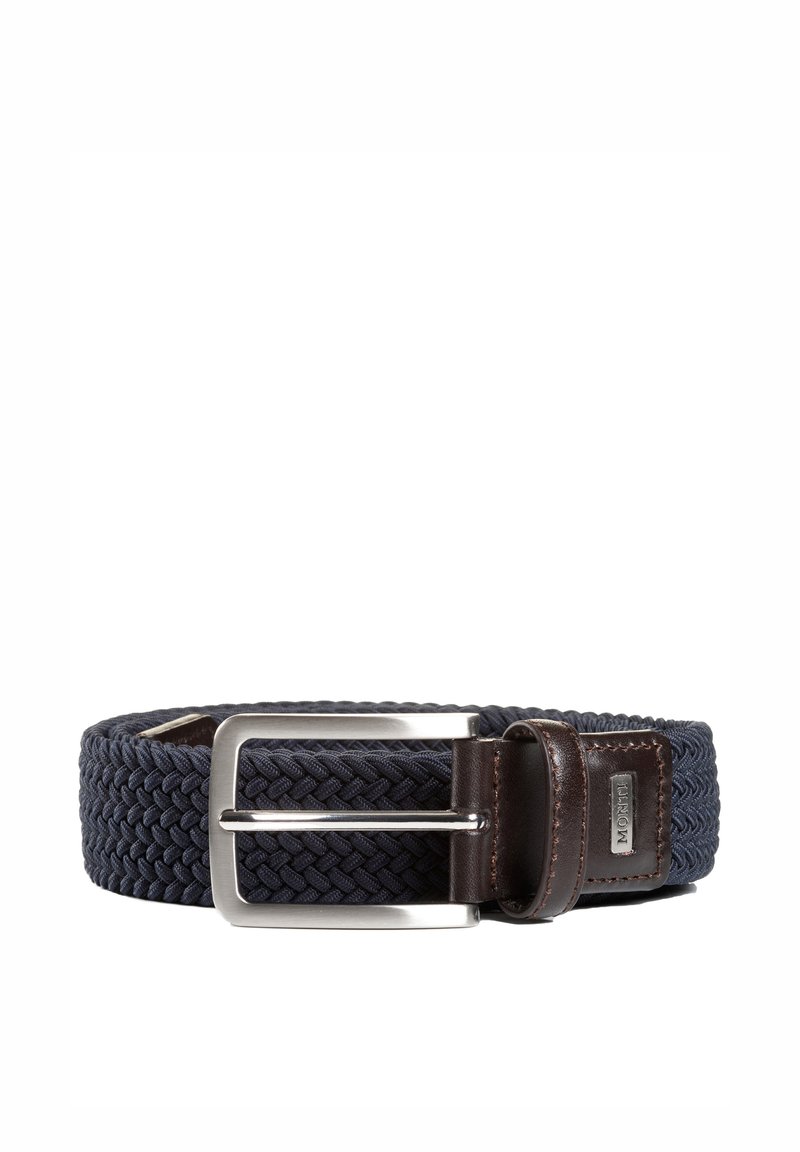 Navy woven belt with a textured design, featuring a silver metal buckle and a brown leather accent near the buckle.