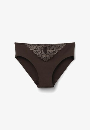Damskie majtki w stylu briefs w ciemnobrązowym kolorze z trójkątnym panelem z kwiatowej koronki na przedniej części talii.