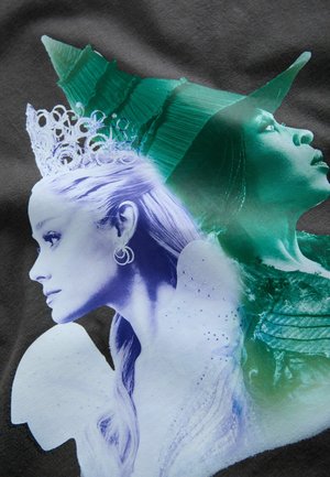 Grafika tipo marškiniai su dviguba portreto dizainu žalia ir mėlyna spalvomis. Vienas personažas dėvi karūną, kitas turi raganos skrybėlę. Tamsus fonas.