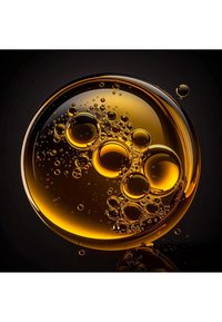 Bulles d'huile dorées de différentes tailles regroupées, flottant sur un fond sombre avec une surface réfléchissante.