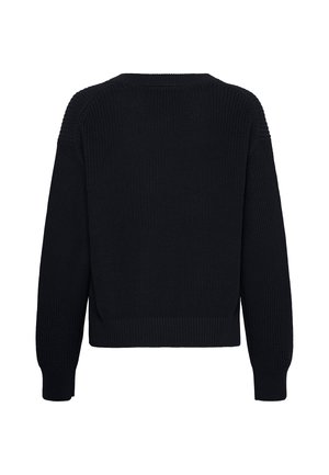 Zwart gebreide trui met lange mouwen en geribbelde manchetten, zoom en ronde hals, van achteren weergegeven op een witte achtergrond.