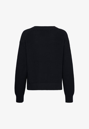 Maglione nero a maglia con maniche lunghe e polsini, orlo e scollo a girocollo a coste, mostrato di spalle su sfondo bianco.