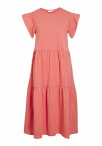 Robe en coton corail avec des manches courtes à volants, un col rond et un design à jupe à volants, offrant une coupe décontractée et une texture lisse.