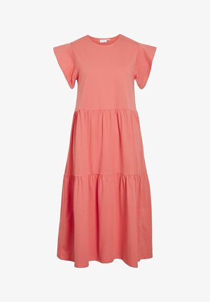 Koralli puuvillamekko, jossa on lyhyet lehtisateen hihat, pyöreä pääntie ja kerrostettu hame, joka tarjoaa rentoa istuvuutta ja sileää tekstuuria.