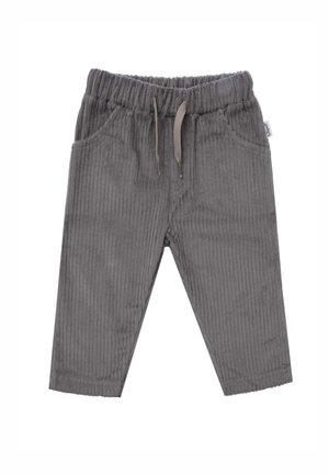 Gray corduroy pants featuring a soft texture, vertical ribbed pattern, elastic waistband with drawstring, and two side pockets.
