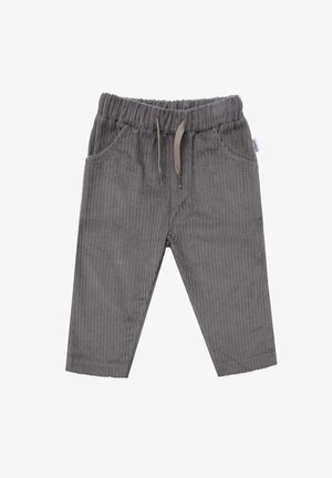 Gray corduroy pants featuring a soft texture, vertical ribbed pattern, elastic waistband with drawstring, and two side pockets.