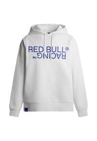 Sudadera blanca de tejido suave con un logotipo azul de "RED BULL RACING" impreso verticalmente en el frente, con capucha ajustable mediante cordones.