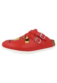 Red clogs made of glossy material, featuring two adjustable silver buckles and a cartoon snake design on the upper, with a white sole.