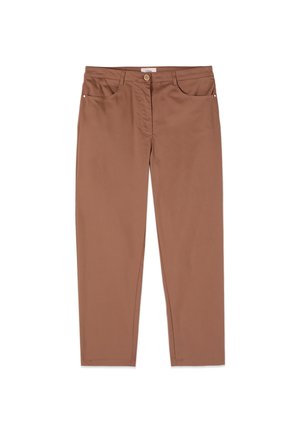 Bruine broek met rechte pijpen, voorzakken, riemlussen, knoopsluiting en ritssluiting.