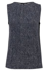 Ärmlös topp i marinblått tyg med spridda vita prickar. Rund halsringning med plissédetaljer framtill.