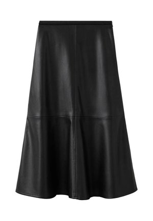 Czarna skórzana spódnica w kształcie litery A, cechująca się gładką fakturą, długością sięgającą kolan oraz subtelnymi przeszyciami dla urozmaiconego efektu wizualnego.