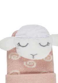 Pink knitted socks featuring a plush sheep face at the top, with embroidered eyes and details, and a spiral pattern on the shaft.