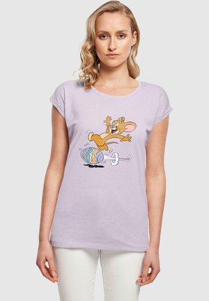 Lilac short-sleeve t-shirt featuring a cartoon mouse character on a colorful spinning top, made from a soft cotton blend.