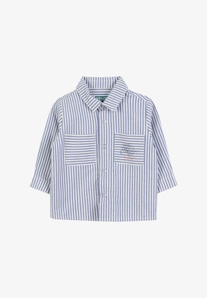 Chemise rayée en tissu léger, comportant des rayures verticales bleues et blanches, deux poches avant et un petit motif brodé.