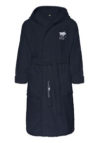 Navy blue bathrobe made of soft fabric, featuring a hood, two front pockets, a tie belt, and embroidered "Polo Sylt" logo.