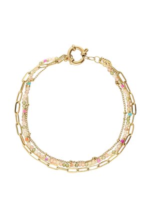 Złota bransoletka łańcuszkowa z warstwowym wzorem, ozdobiona małymi, wielobarwnymi koralikami i owalnymi ogniwami, zapinana na okrągłe zapięcie.