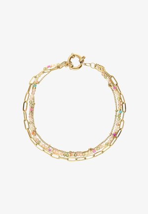 Bracelet en chaîne dorée au design superposé, comprenant de petites perles multicolores et des maillons ovales, sécurisé par un fermoir rond.
