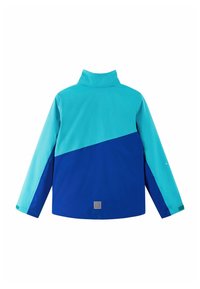 Wasserabweisende Jacke mit Farbblockdesign in Türkis und Blau, mit hohem Kragen und Logopatch auf der Rückseite. Glatte Textur.