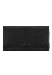 Cartera de piel negra con una textura suave, forma rectangular y logotipo en relieve. Presenta un cierre de solapa y un diseño minimalista.