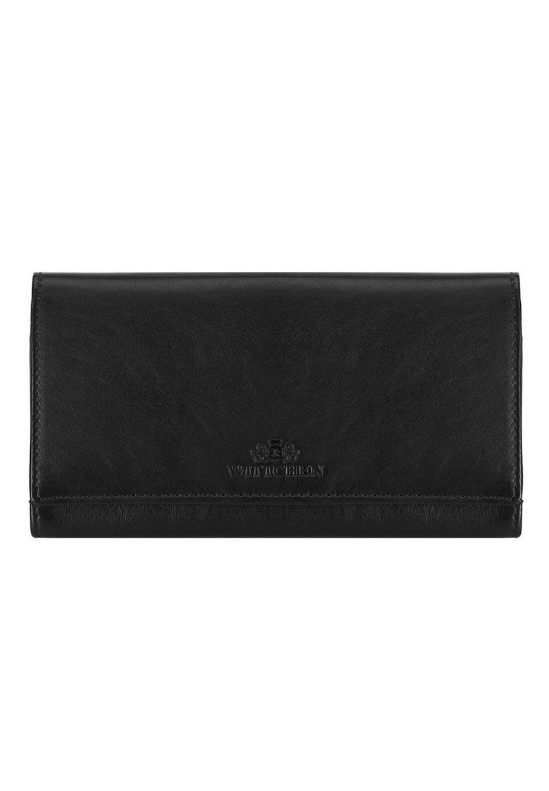 Cartera de piel negra con una textura suave, forma rectangular y logotipo en relieve. Presenta un cierre de solapa y un diseño minimalista.