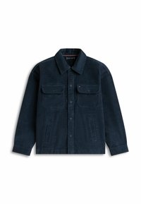 Granatowa kurtka z sztruksu z zapięciem na guziki, dwoma kieszeniami na piersi, kieszeniami bocznymi oraz spiczastym kołnierzem. Teksturowany materiał i luźny krój.