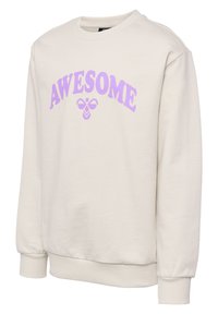 Ljust beige sweatshirt i bomullsmix med ribbad mudd. Har ordet "AWESOME" i stora lavendelbokstäver över bröstet.
